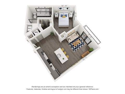 Floor plan for 1 bed, 1 bath, 764 sqft